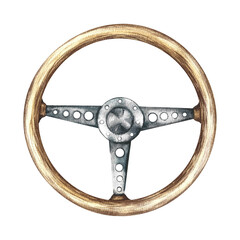 Vintage car steering wheel. Steering wheel silhouette, vintage wooden classic car auto parts. A hand-drawn watercolor illustration. Isolate. The design element of a banner, flyer, poster, packaging.