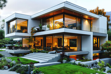 Modern house with glass windows and white walls, a green lawn in front of the building. It has a modern architectural style with a symmetrical composition. Created with Ai