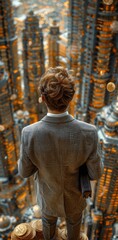 Fototapeta premium A financial businessman in formal attire, holding a gray briefcase, stands in front of a modern office building made of coins, bottom view, large perspective, big scene, with piles of coins next to hi