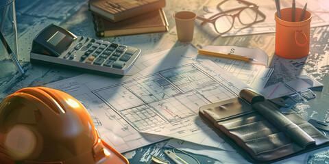 Close-up of a construction estimator's desk with project blueprints and cost estimates, showcasing a job in construction estimation