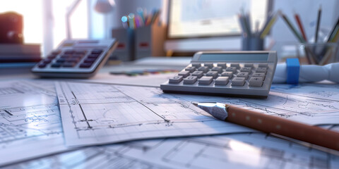 Close-up of a construction estimator's desk with project blueprints and cost estimates, showcasing a job in construction estimation