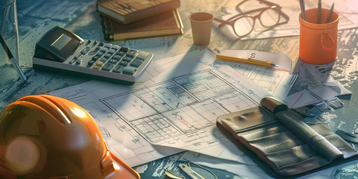 Close-up of a construction estimator's desk with project blueprints and cost estimates, showcasing a job in construction estimation