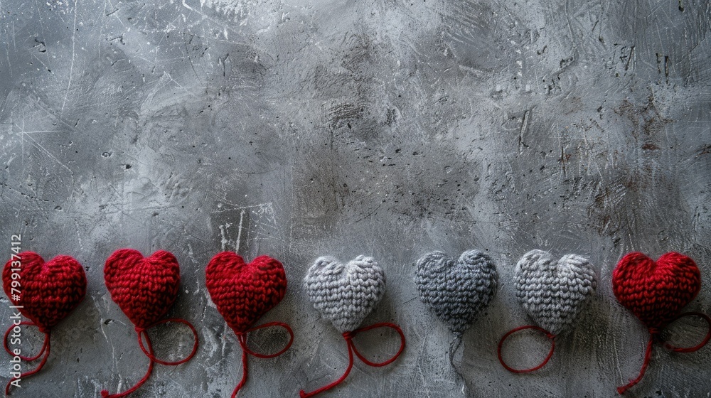 Poster a line of gray and red knitted hearts set against a grungy gray backdrop sets the tone for valentine