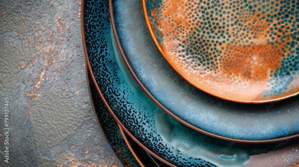 Poster A set of ceramic plates with a beautiful handpainted ombre effect achieved through layering different textures and glazes..