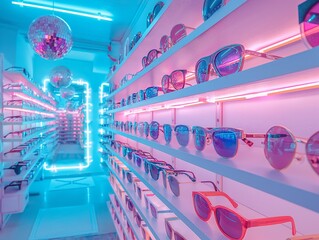 A neon pink room with a lot of sunglasses on the shelves. The room is brightly lit and has a fun, energetic vibe