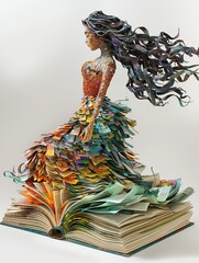 Sculpture made of books with intricate details in dynamic motion