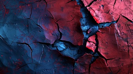 Fototapeta premium A textured abstract composition with a cracked and weathered surface painted in shades of cobalt blue and crimson, creating a sense of age and decay 