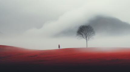 Woman walking on fields with fog. Lonely tree standing on field.  cCouds over the mountains