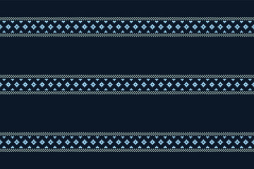 Traditional ethnic motifs ikat geometric fabric pattern cross stitch.Ikat embroidery Ethnic oriental Pixel navy blue background. Abstract,vector,illustration. Texture,decoration,wallpaper.