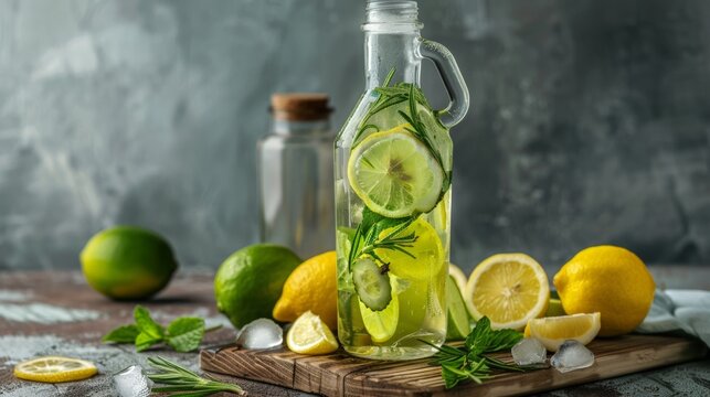 Glass container with lemons and limes