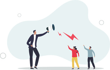 giant businessman manager using megaphone to order employee.flat vector illustration.