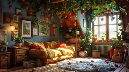 Fototapeta na wymiar A cozy home setting in 2D, where strawberries in light bulbs are used as a creative, sustainable lighting solution