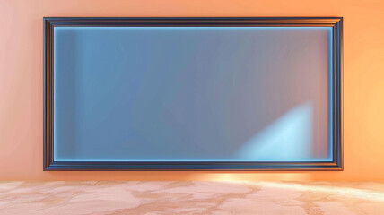 One large empty frame with a deep blue finish on a soft peach wall, illuminated by modern LED lighting