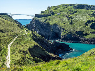 The iconic Tintagel Island Bridge on the North Cornish coast of England