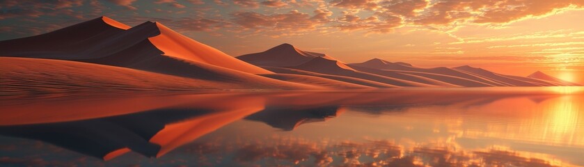 A tranquil desert landscape at sunrise, with towering sand dunes casting long shadows and a vibrant orange sky reflecting in a still desert lake 