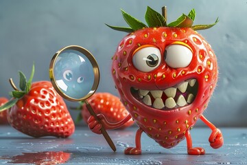A mischievous cartoon strawberry character sneaking around with a playful grin, holding a magnifying glass