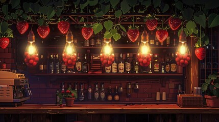 A moody 2D bar scene lit only by overhead light bulbs filled with strawberries, creating a unique ambiance