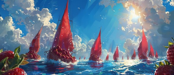 A playful 2D seascape where strawberries replace traditional sailboats, racing under a bright, sunny sky