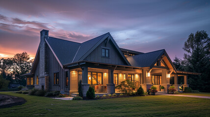 Pre-dawn angle of a warm taupe craftsman cottage with a rustic gambrel roof, the first hint of morning light beginning to reveal the home