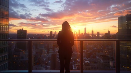 Successful woman standing on luxury balcony, back view of rich female silhouette at sunset in New York city - Powered by Adobe