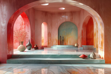 Surreal interior design of a spa with terracotta walls, pastel green and pink colors, natural stone floors, arched doorways leading to water basins filled with vibrant colors. Created with Ai - obrazy, fototapety, plakaty