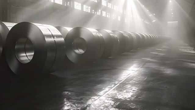 Steel coil stored in factory warehouse, prepared for production at steel mill. Concept Factory warehouse storage, Steel coil production, Industrial manufacturing, Storage logistics