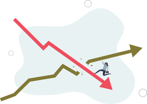 fearful businesswoman riding fall down economic graph with inflation high up.flat vector illustration.
