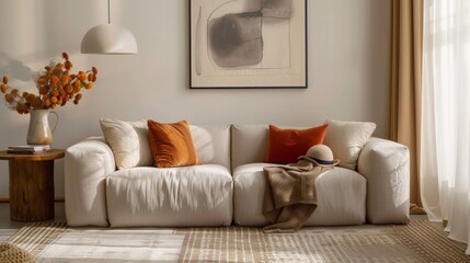 A casual yet sophisticated living room corner, featuring a white slouchy sofa, vibrant throw pillows, and a textured throw.