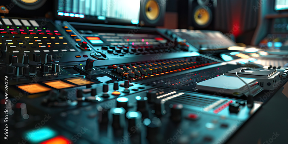 Poster close-up of a sound designer's desk with audio mixing software and sound effects libraries, illustra