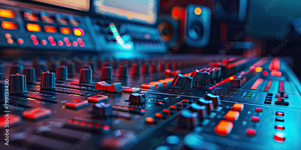 Poster close-up of a sound designer's desk with audio mixing software and sound effects libraries, illustra
