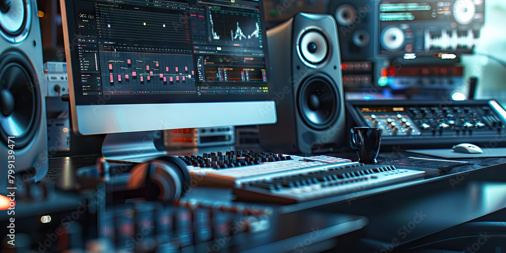 Poster close-up of a sound designer's desk with audio mixing software and sound effects libraries, illustra