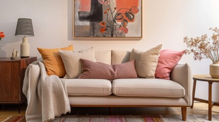 A well-appointed living room with a comfy sofa adorned with colorful pillows, a cozy blanket, and stylish decor.