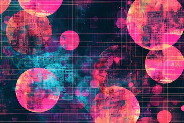 A vibrant abstract background with overlapping circles and squares in contrasting neon colors, with a textured grunge overlay for a vintage feel 