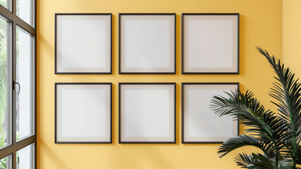 Six sleek graphite frames against a soft yellow wall, designed for a contemporary gallery with a warm vibe
