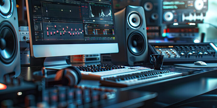 Close-up of a sound designer's desk with audio mixing software and sound effects libraries, illustrating a job in sound design