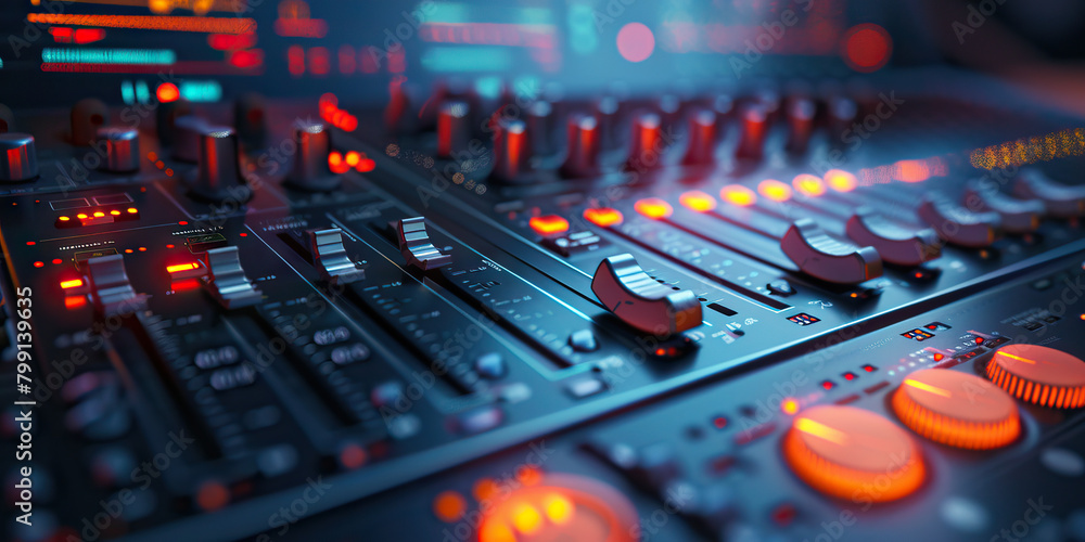 Poster close-up of a sound designer's desk with audio mixing software and sound effects libraries, illustra