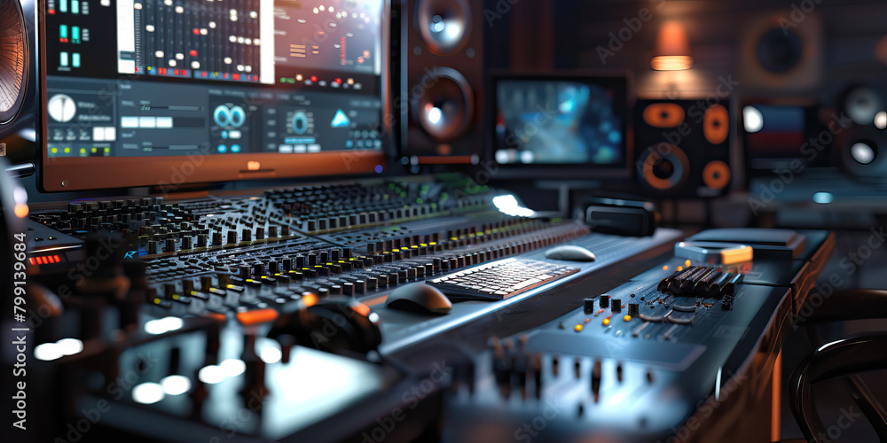 Poster close-up of a sound designer's desk with audio mixing software and sound effects libraries, illustra