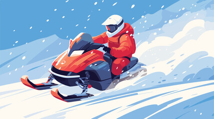 Riding snowmobile. Happy character driving snow mob - obrazy, fototapety, plakaty