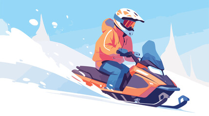 Riding snowmobile. Happy character driving snow mob - obrazy, fototapety, plakaty