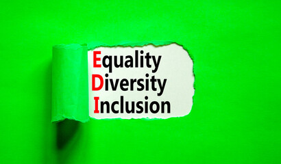 EDI equality diversity inclusion symbol. Concept words EDI equality diversity inclusion on white paper on beautiful green background. Business EDI equality diversity inclusion concept. Copy space.