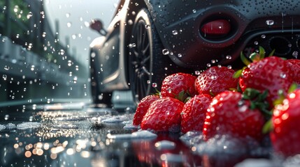 Photorealistic rendering of a car wash scene with strawberry scented soap bubbles, fresh and clean concept