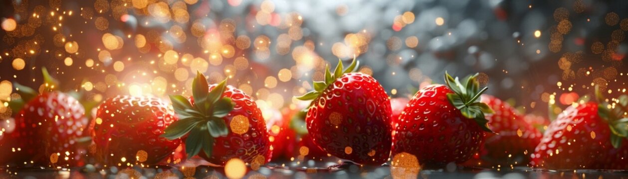 Photorealistic 3D scene of strawberries bursting into a supernova, dynamic explosion effects and vibrant color contrasts