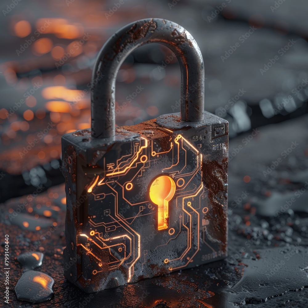 Aufkleber a vintage padlock with a glowing circuit board embedded within, symbolizing the timeless need for cy