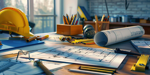 Close-up of a civil engineer's desk with blueprints and construction plans, illustrating a job in civil engineering