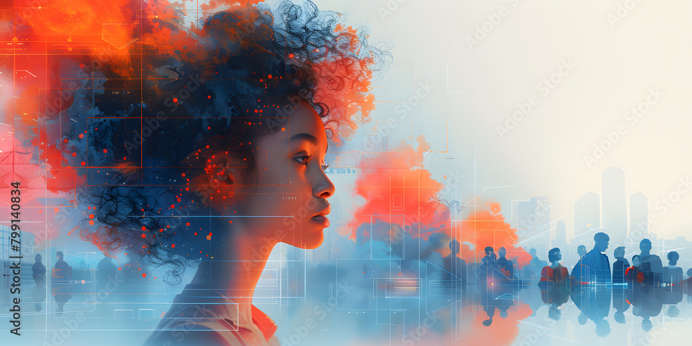 Poster unity in progress: diverse team working together in futuristic environment