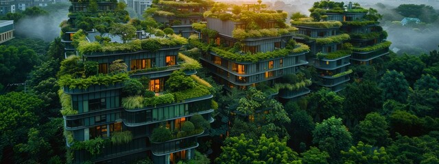 Green Cityscape: Panoramic View of Sustainable Urban Environment with Eco-Friendly Buildings
