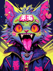 Cute cartoon cat wearing fashionable clothes, showing teeth, Chinese comic style, comic art, androgynous, ghoul punk, dark blue and yellow, rich details, front view, facing the viewer, best quality