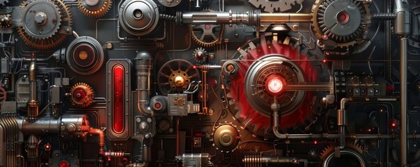 A vintage scientific illustration of a crimson geometric machine, with gears, levers, and tubes  
