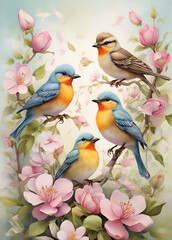 Fototapeta premium Flock of birds are singing happily on the branches of a tree with spring flower blossoms and sun light , spring season background