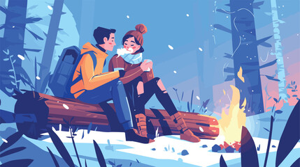 Romantic couple sitting on log and warming up near